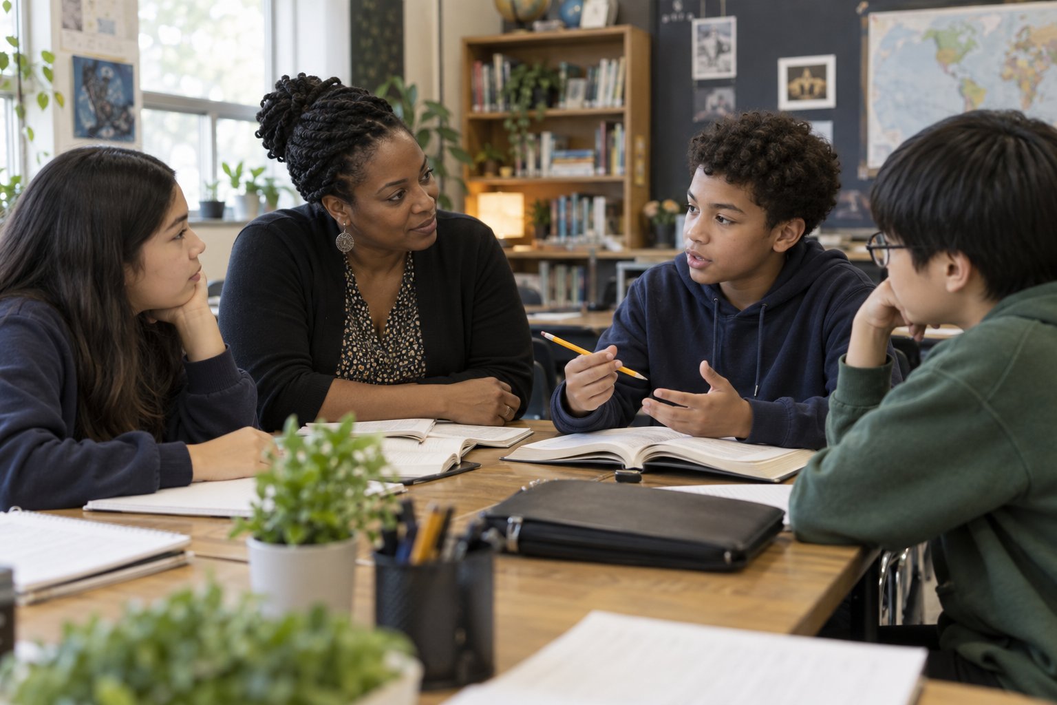 Illustrative scene of an educator guiding a small-group reading discussion